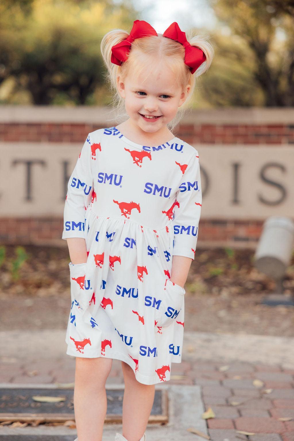 SALE SMU White Mustang 3/4 Sleeve Pocket Twirl Dress