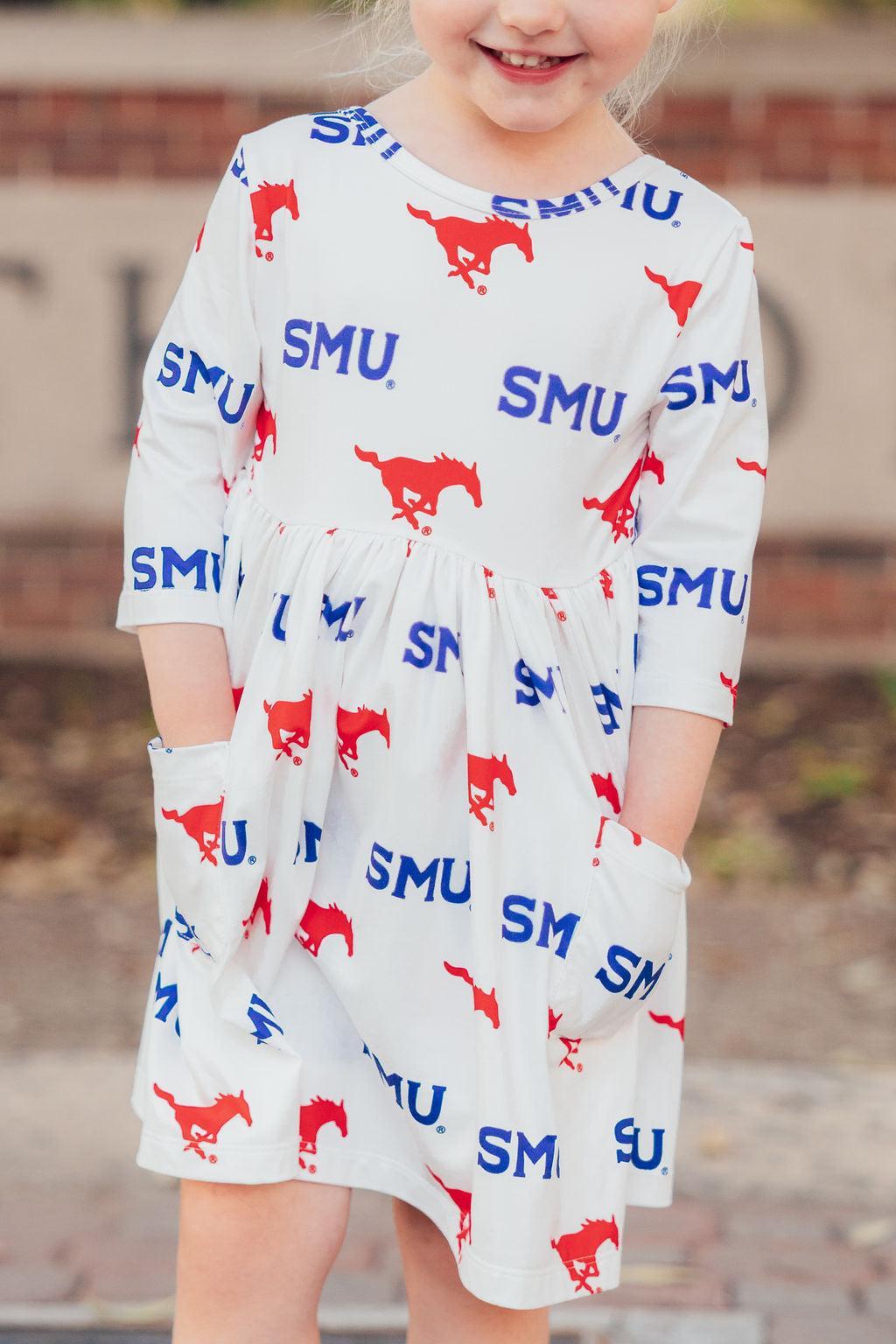 SALE SMU White Mustang 3/4 Sleeve Pocket Twirl Dress