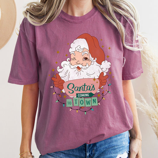 Santa Is Coming To Town Retro Christmas Vintage Holiday Cheer Comfort Colors Tee