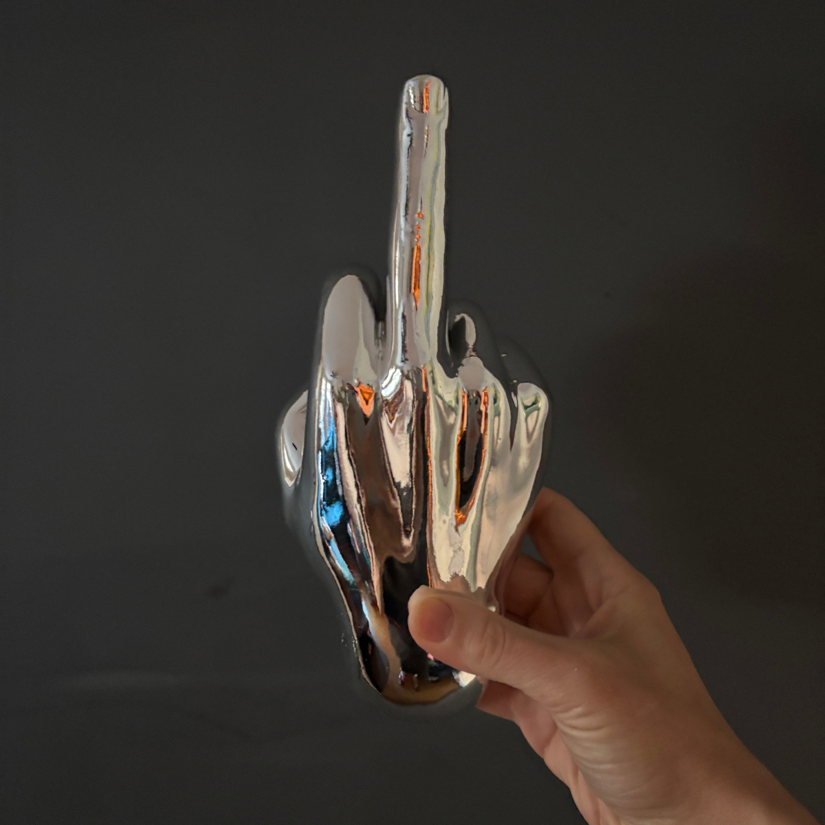 Silver Middle Finger Wall Mounted Hook | Modern Ceramic Statement Sculpture | 7" Tall