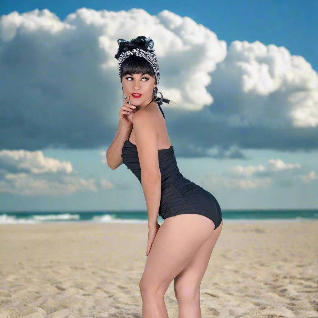[Size XS Remaining] Pinup 1950s Rosie Retro One-Piece Swimsuit in Floral Prints, Black or Wine | 50s Inspired Swimsuit