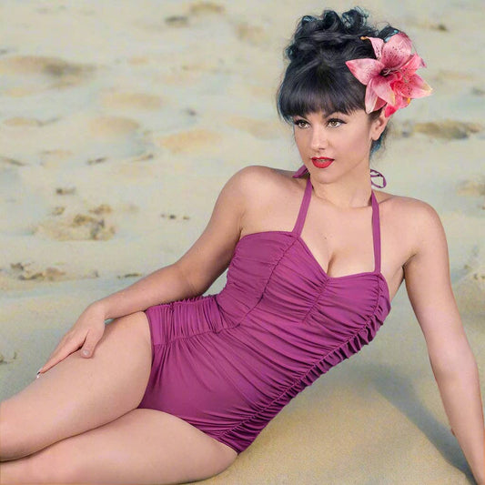 [Size XS Remaining] Pinup 1950s Rosie Retro One-Piece Swimsuit in Floral Prints, Black or Wine | 50s Inspired Swimsuit