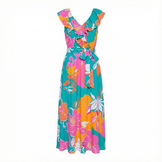 [Sizes SM-L] Floral Printed Woven Midi Dress in Teal Orange | Ruffled V Neckline Mid Calf