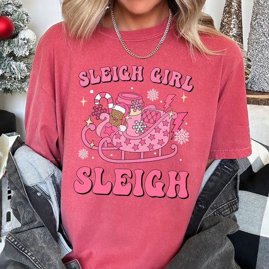 Sleigh Girl Sleigh Christmas Retro Vintage Holiday Cheer Snowfall Night Sky Festive Lights Comfort Colors Tee