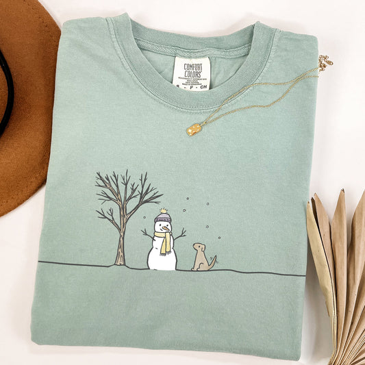 Snowman And Dog Christmas Santa Xmas Winter Snow Scene Vintage Comfort Colors Tee