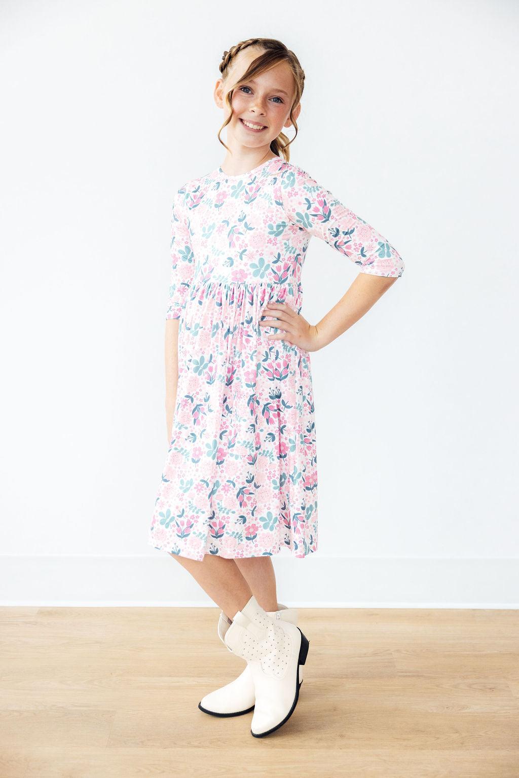 Softly Blooming 3/4 Sleeve Pocket Twirl Dress