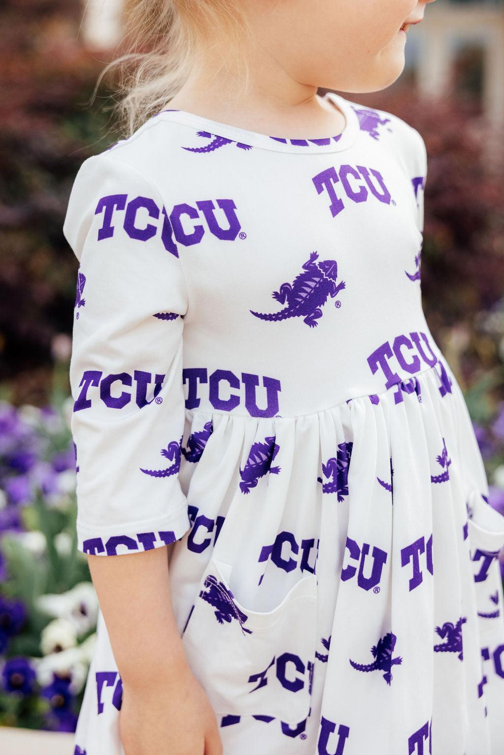 SALE TCU White Frog 3/4 Sleeve Pocket Twirl Dress
