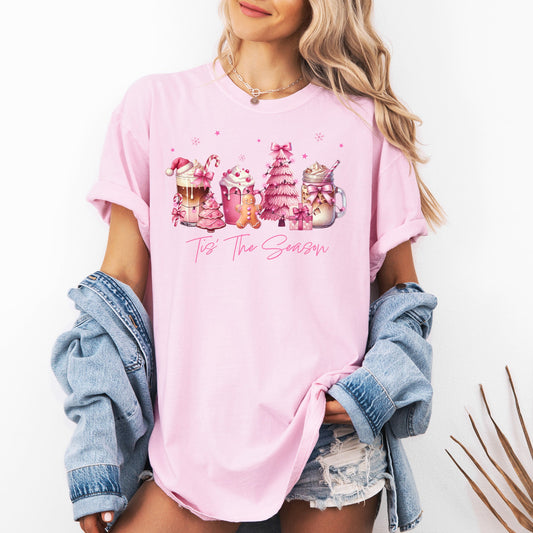 Tis The Season Coffee Drinks Pastel Snow Christmas Pink Cozy Vintage Winter Glow Comfort Colors Tee