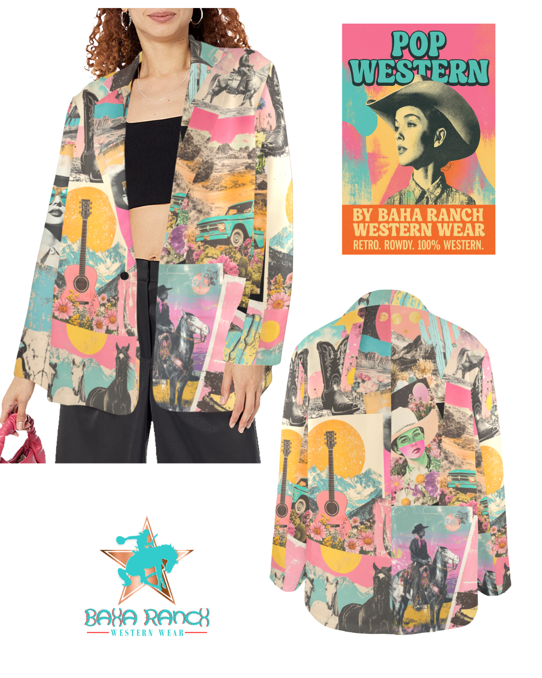 Baha Ranch Retro Pop Western Collage Blazer