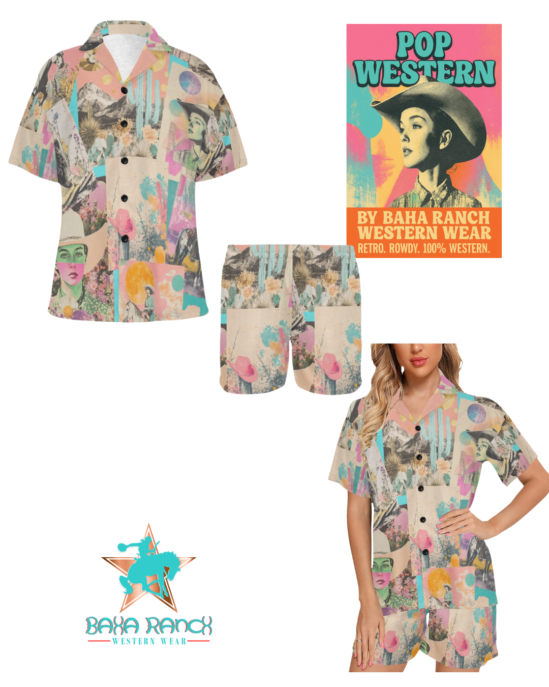 Baha Ranch Retro Pop Western Collage Pajama Set