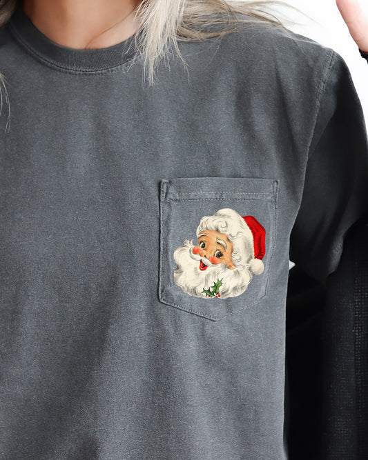 Vintage Santa Pocket Christmas Winter Snow Xmas Art Print Graphic Comfort Colors Tee