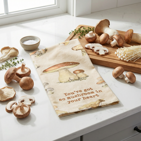You've Got So Mushroom In Your Heart Funny Dish Cloth Towel | Cotton and Linen | Embroidered Text | 18" x 28"