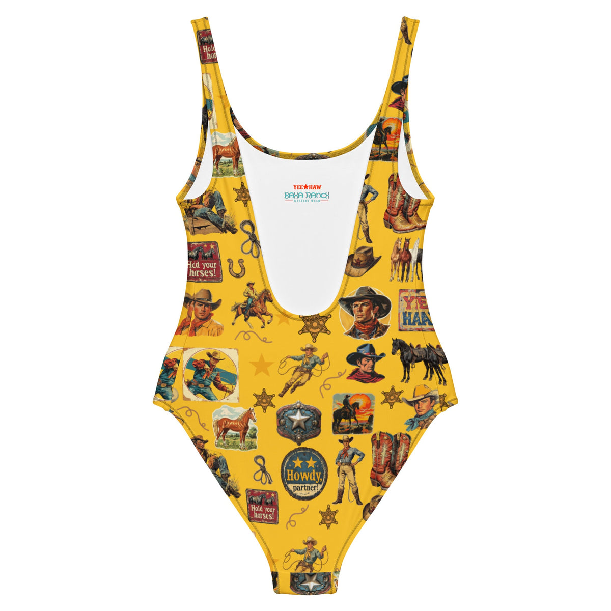 Baha Ranch Yeehaw Vintage Cowboy Collage Mustard One-Piece Swimsuit