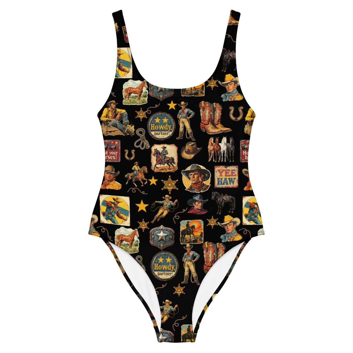 Baha Ranch Yeehaw Vintage Cowboy Collage Western One-Piece Swimsuit