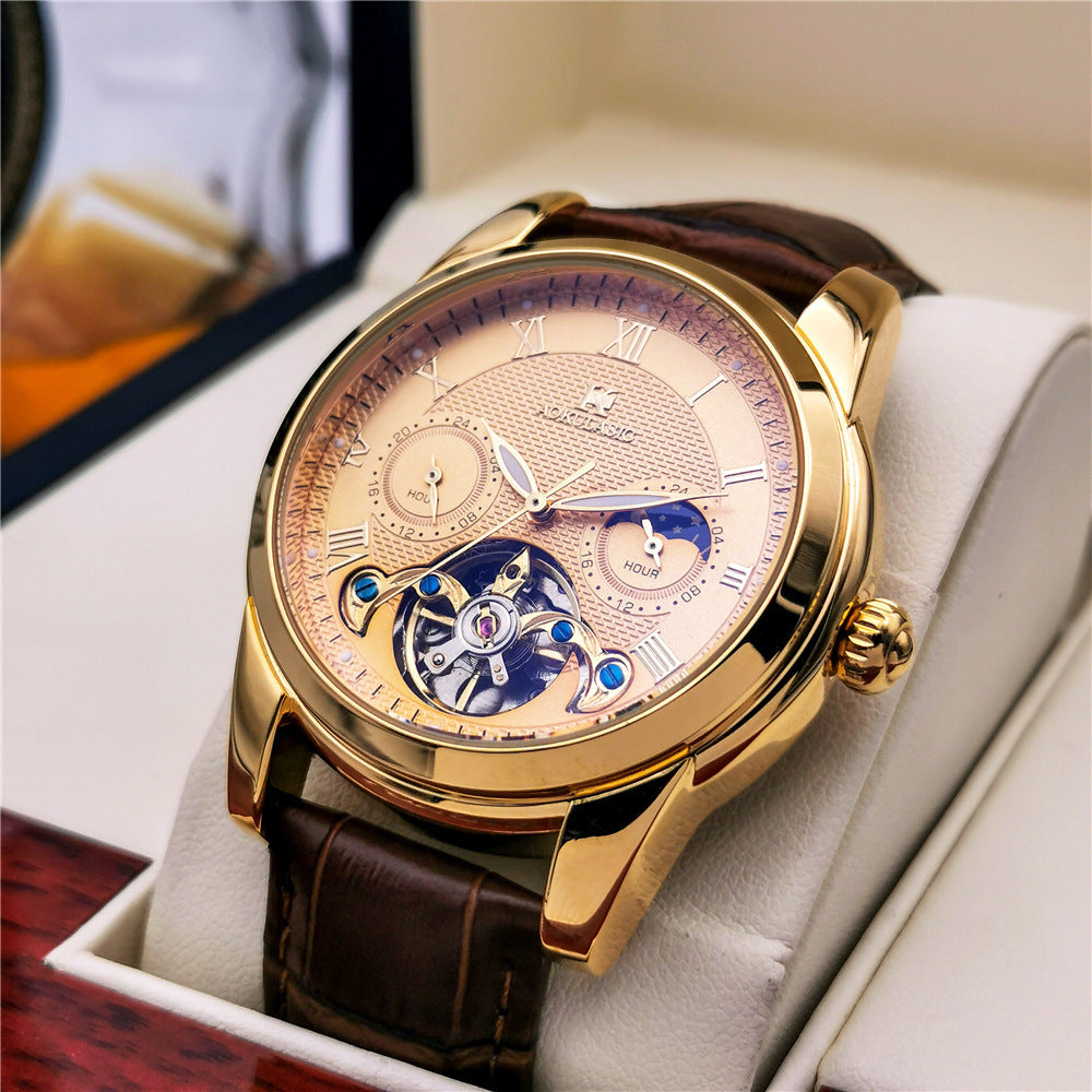 Mens Fashion Luminous Hollow-Out Casual Semi-Automatic Mechanical Watch
