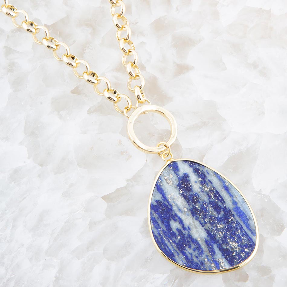 Blue Lapis Slab Pendant Golden Necklace
