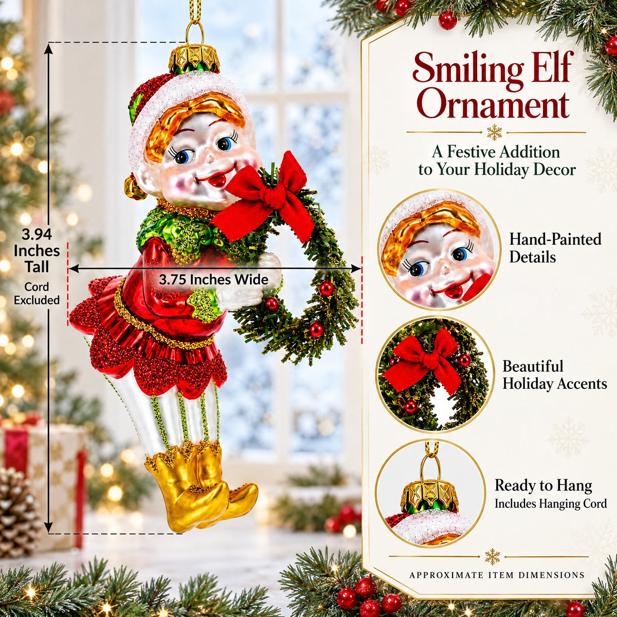 Smiling Elf with Red Bow Wreath Glass Christmas Ornament