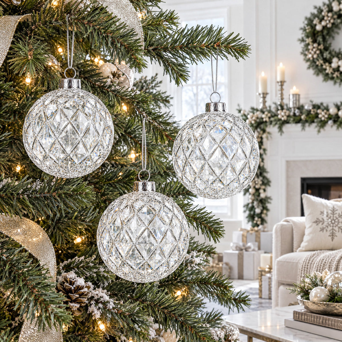 Set of 3 Clear Ribbed Sphere Glass Christmas Ornament 3.5 Inches