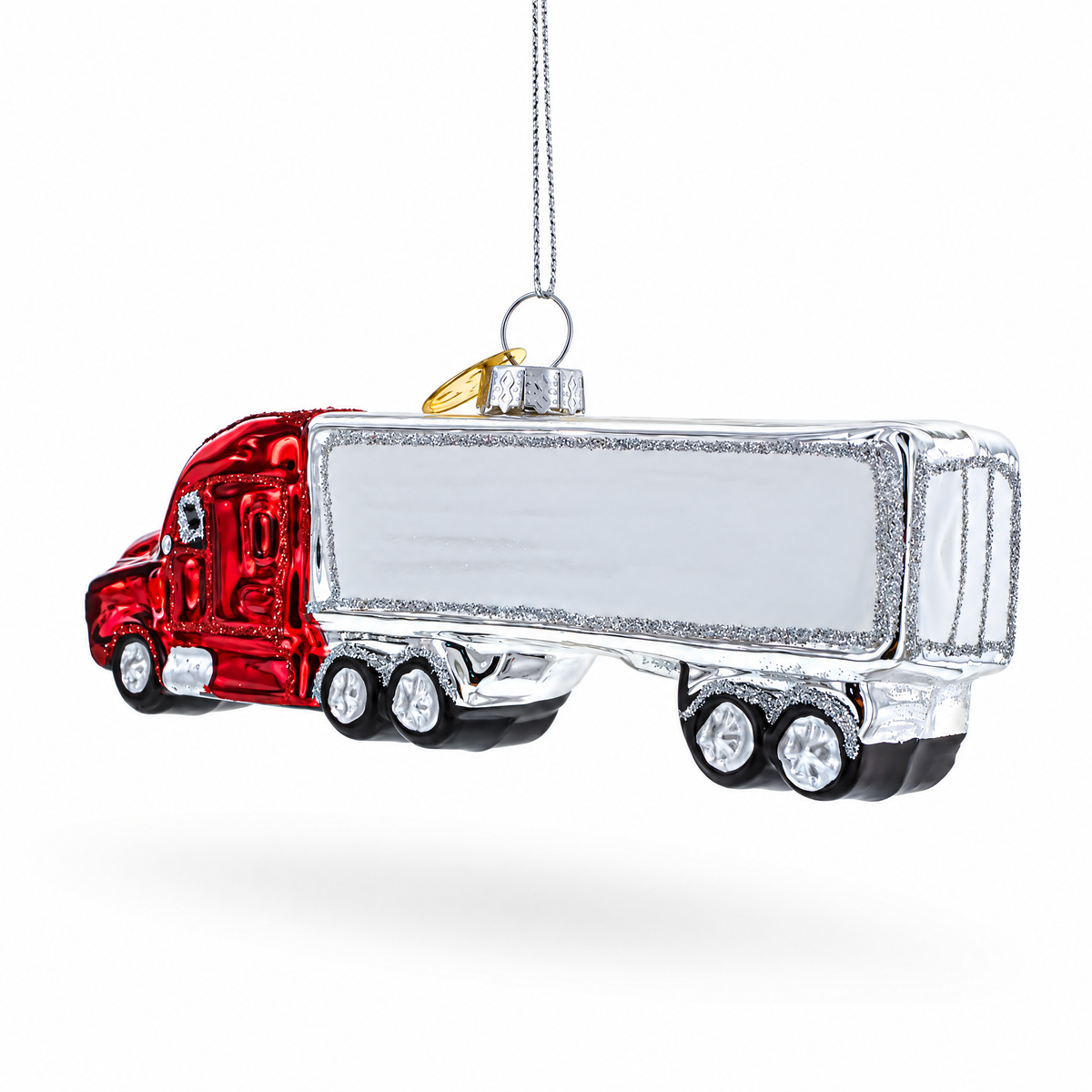 Red Semi Truck with Silver Trailer Glass Christmas Ornament