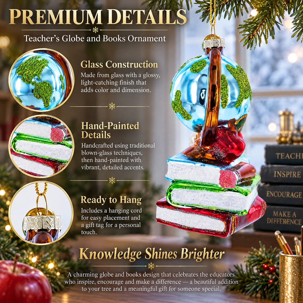 Teacher’s Globe and Books Glass Christmas Ornament