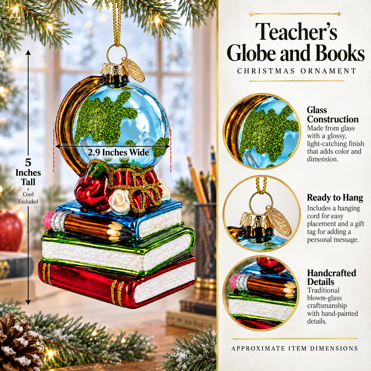 Teacher’s Globe and Books Glass Christmas Ornament