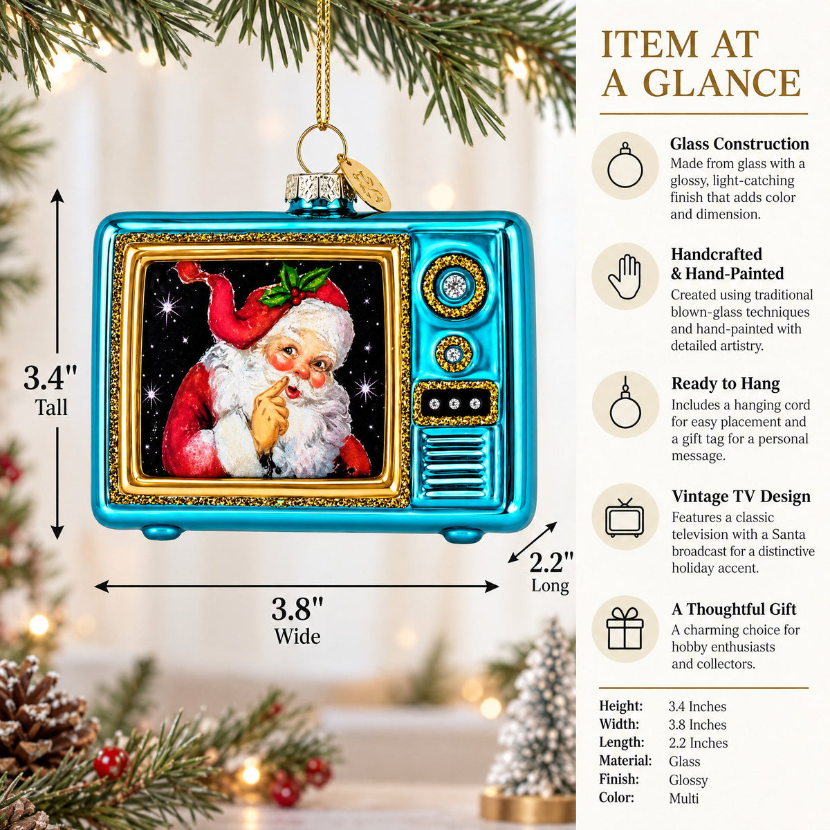 Vintage Television Santa Broadcast Glass Christmas Ornament