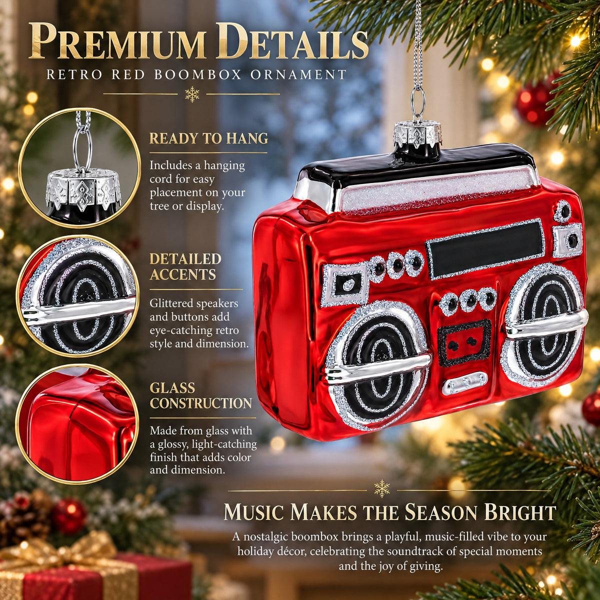 Retro Red Boombox Glass Christmas Ornament
