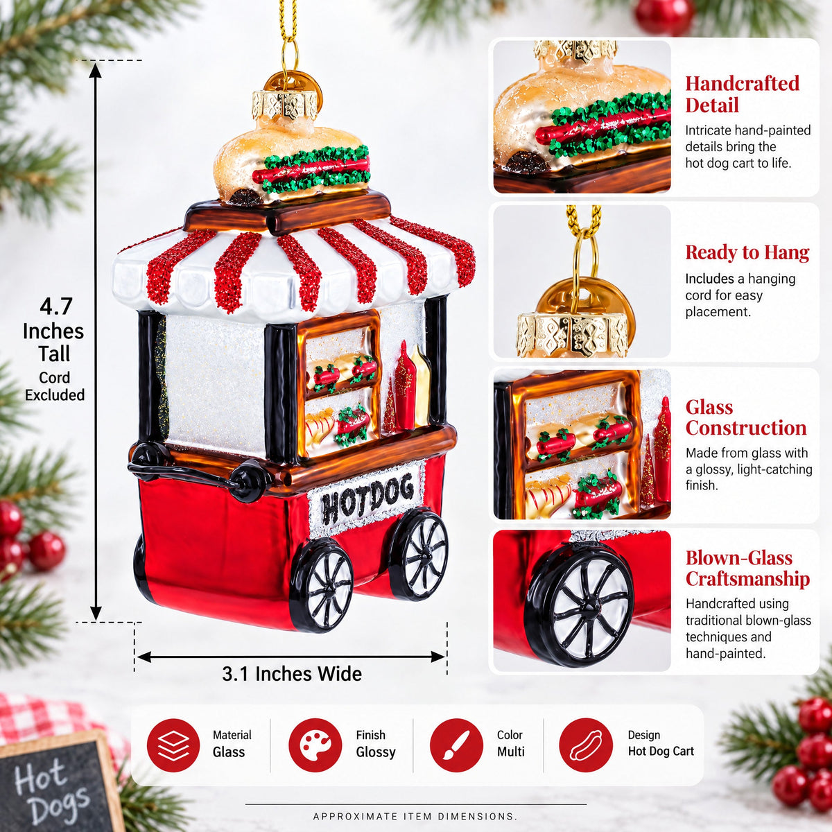 Hot Dog Cart Glass Christmas Ornament