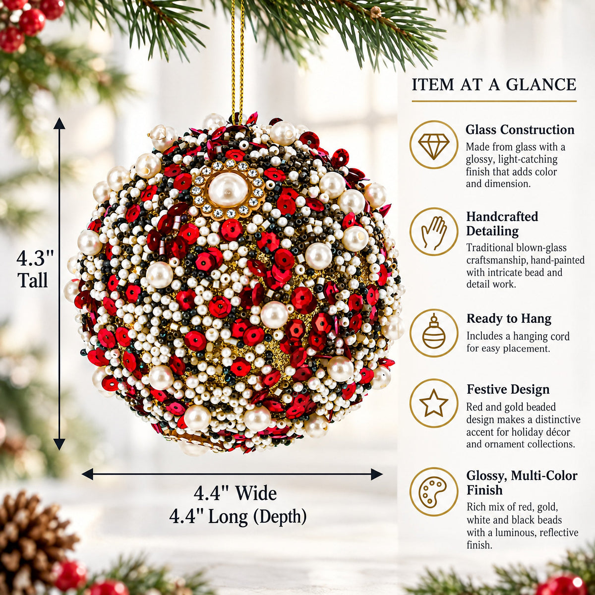 Red & Gold Beaded Glass Christmas Ornament