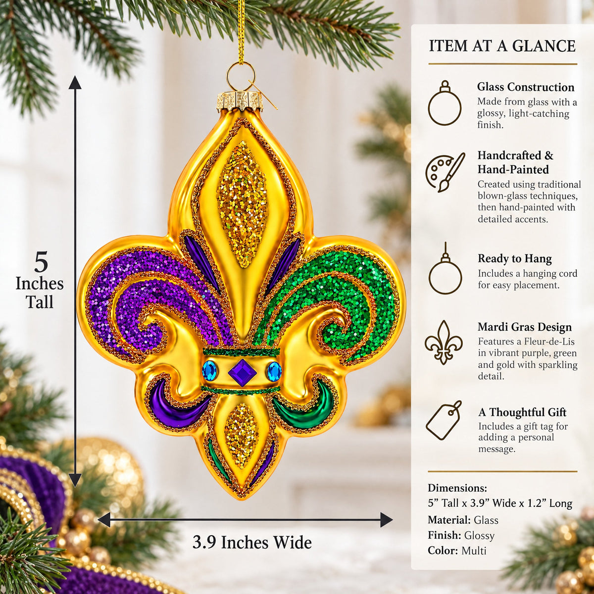 Mardi Gras Fleur-de-Lis Glass Christmas Ornament