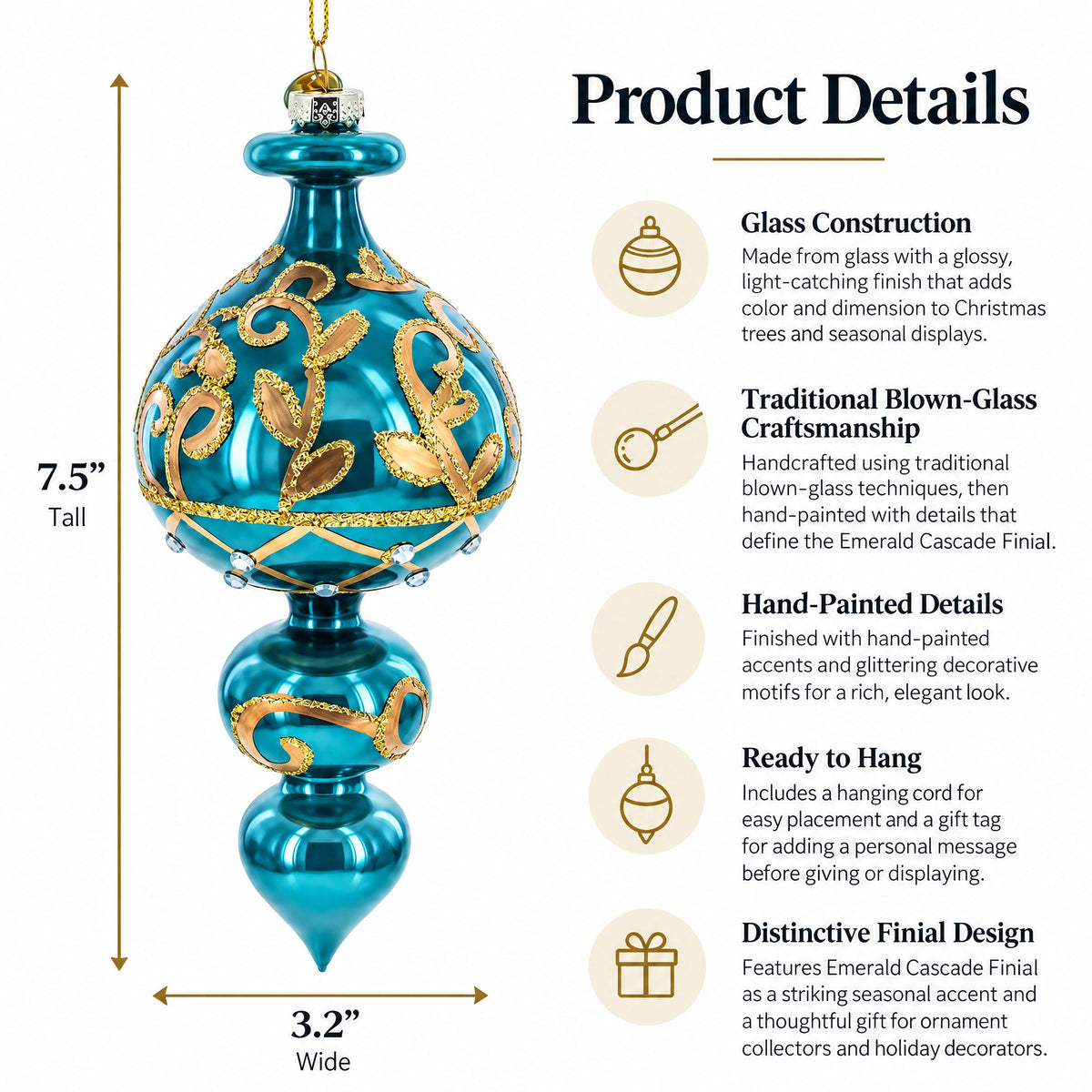 Emerald Cascade Finial Glass Christmas Ornament