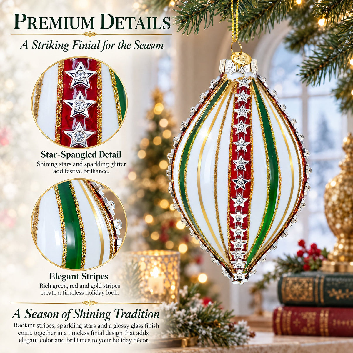 Striped White and Green Teardrop Finial Glass Christmas Ornament