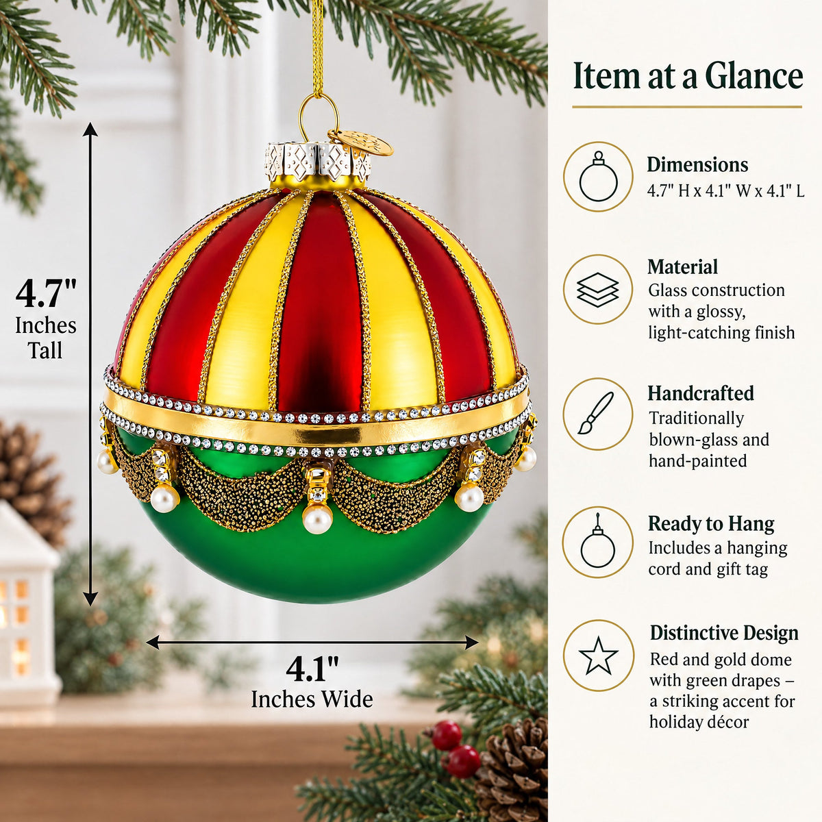 Red and Gold Dome with Green Drapes Glass Ball Christmas Ornament