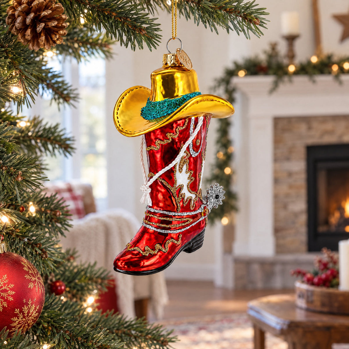 Western Cowboy Boot with Hat and Spur Glass Christmas Ornament