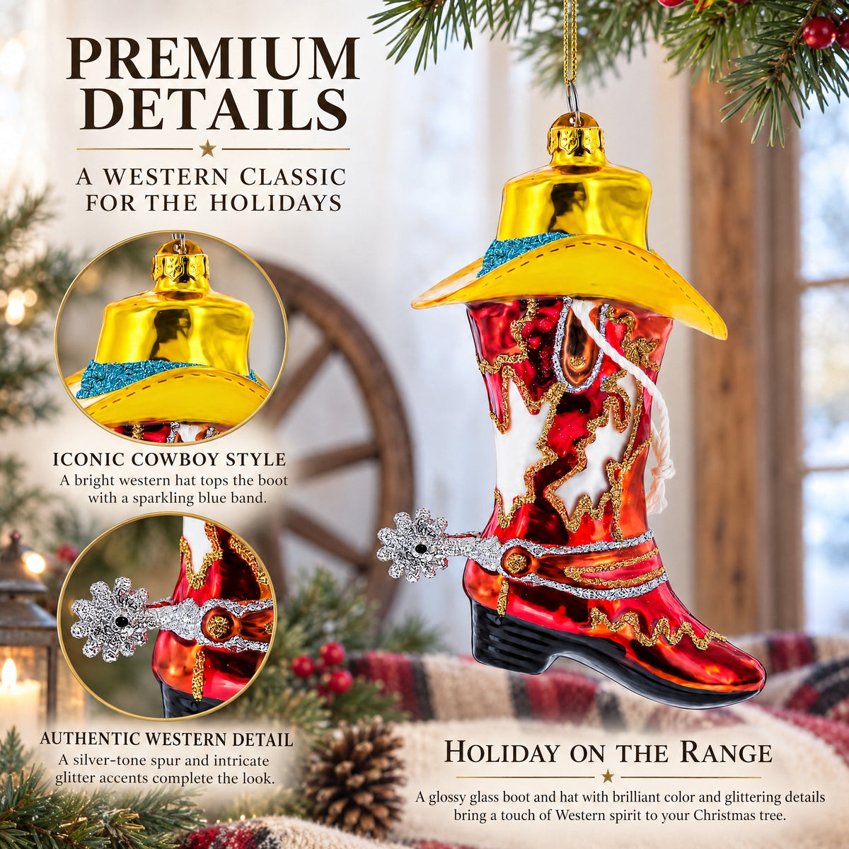 Western Cowboy Boot with Hat and Spur Glass Christmas Ornament