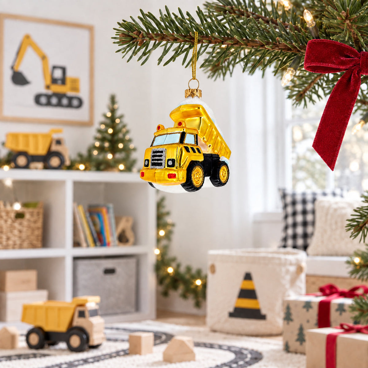 Yellow Construction Dump Truck Glass Christmas Ornament