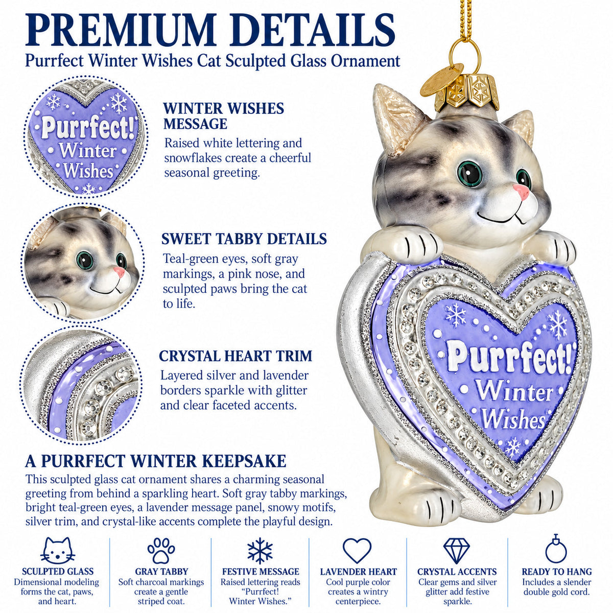 Purrfect Winter Wishes Cat Heart Glass Christmas Ornament