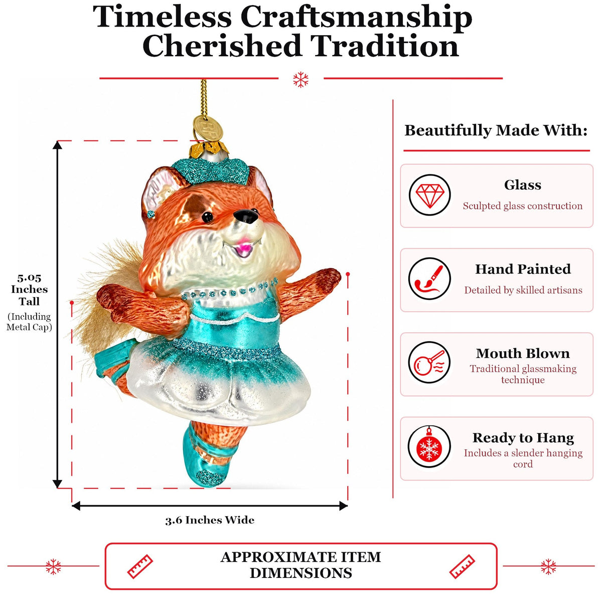Dancing Fox Ballerina Blue Tutu Furry Tail Glass Christmas Ornament