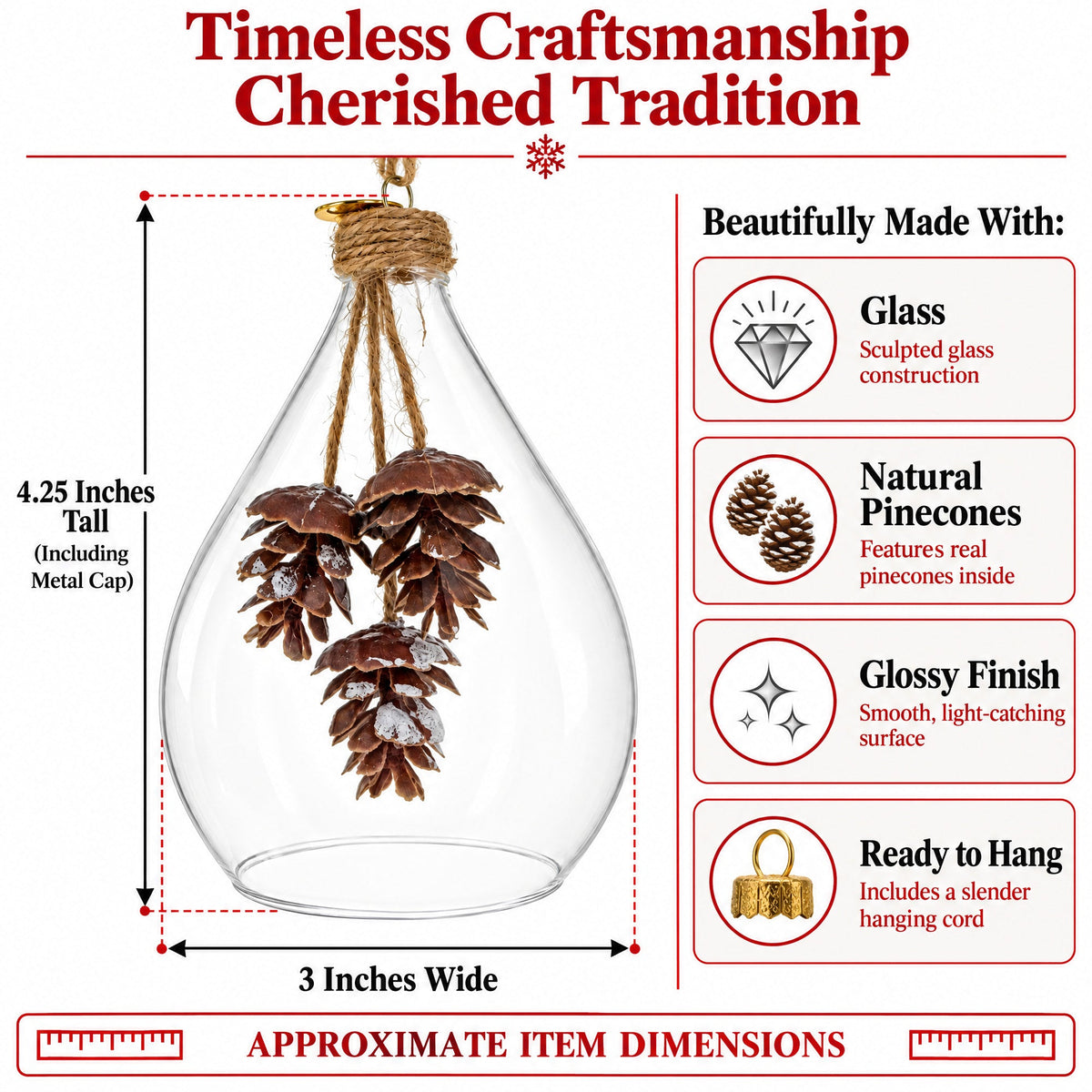 Clear Glass Teardrop With Frosted Pinecones Christmas Ornament