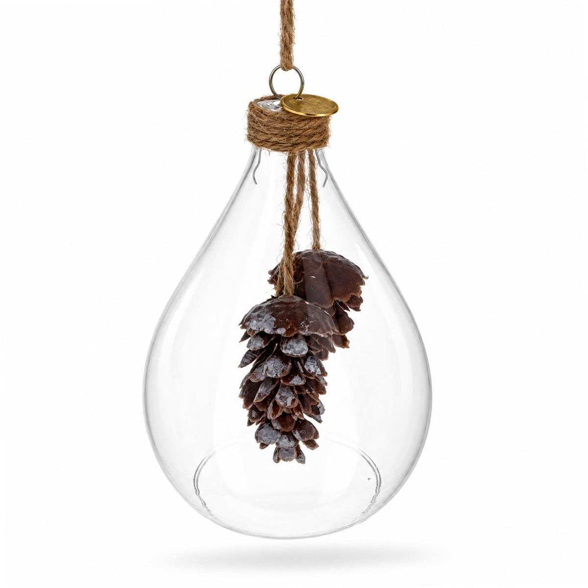 Clear Glass Teardrop With Frosted Pinecones Christmas Ornament