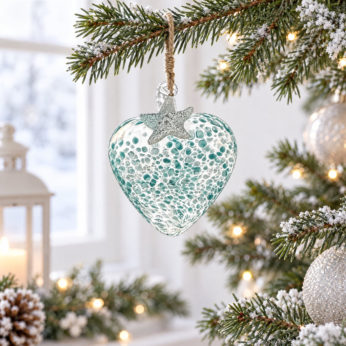 Blue Speckled Glass Heart With Starfish Christmas Ornament