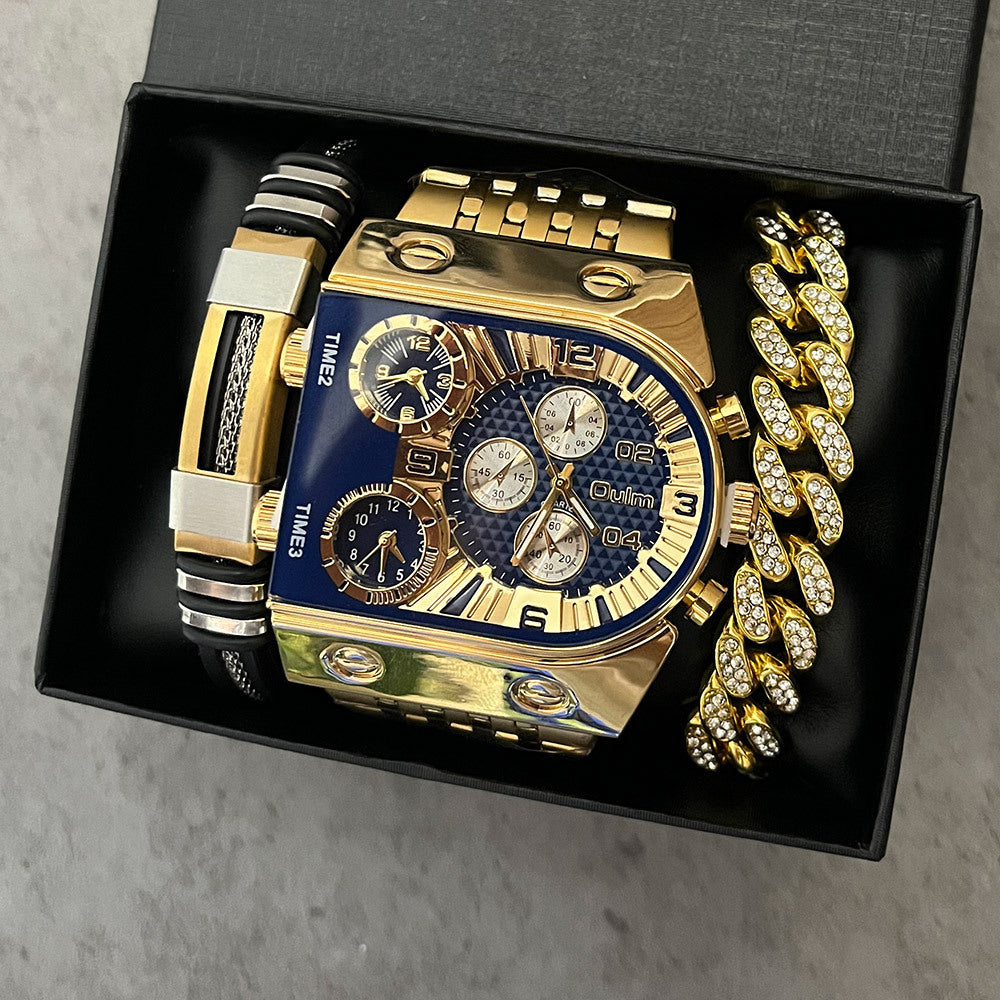 Multi-timezone Large-dial Luminous Men's Watch With Steel Strapcasual Cross-border Quartz Wristwatch