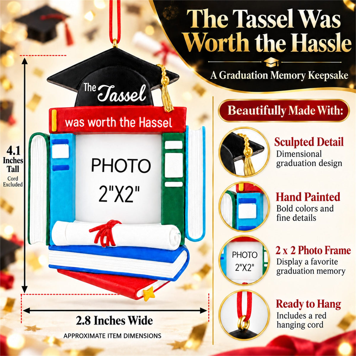 Graduation Cap Diploma and Books Picture Frame Resin Christmas Ornament