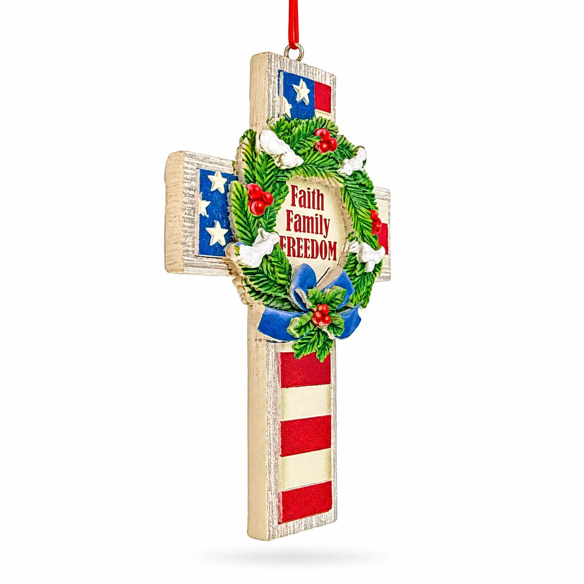 American Flag Patriotic Cross Faith Family Freedom Resin Christmas Ornament