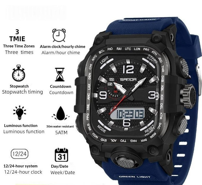 Square Digital Watch Waterproof Sports Countdown Timer Multifunctional Outdoor Hiking Wristwatch For Men