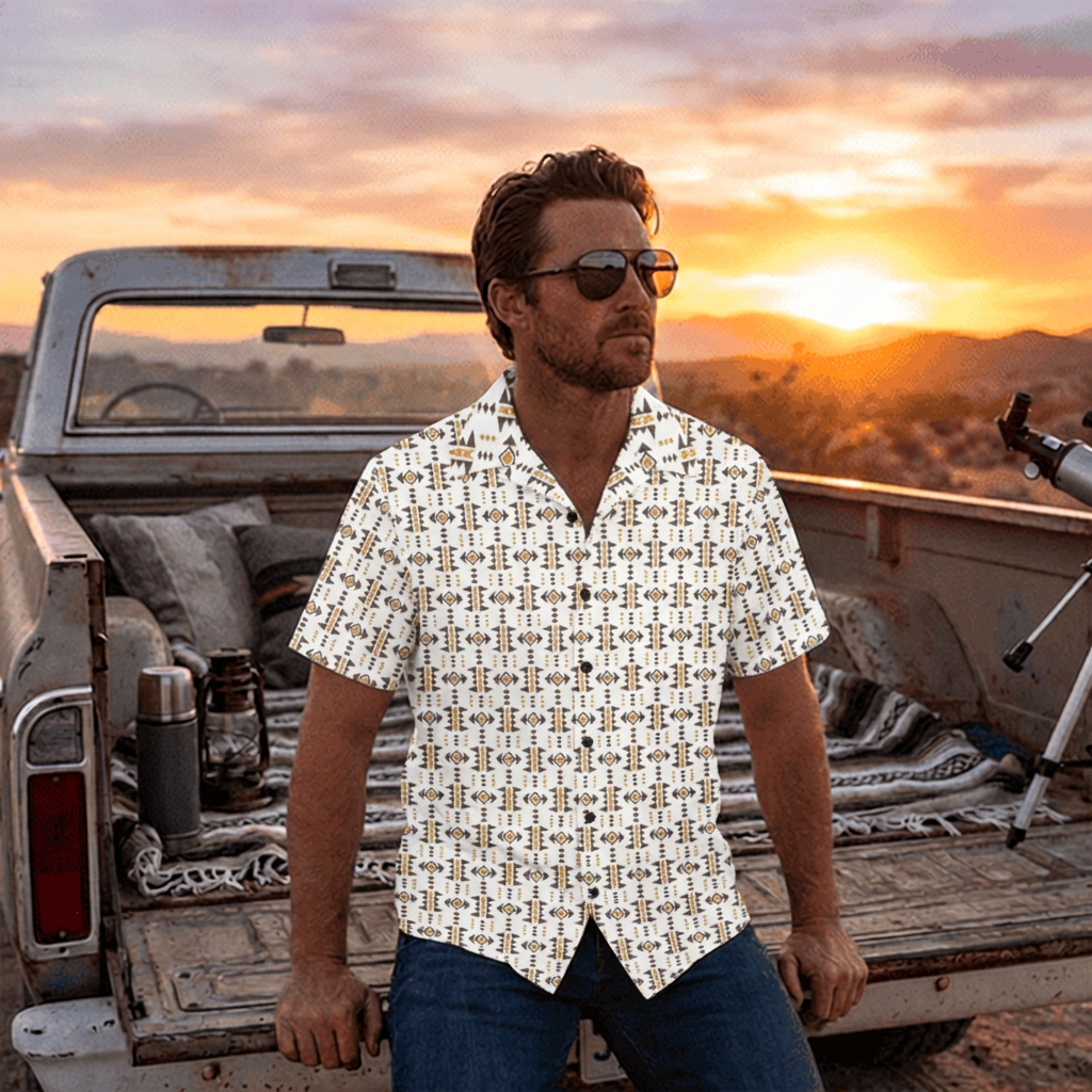 Baha Ranch White Aztec Hawaiian Shirt Made in America