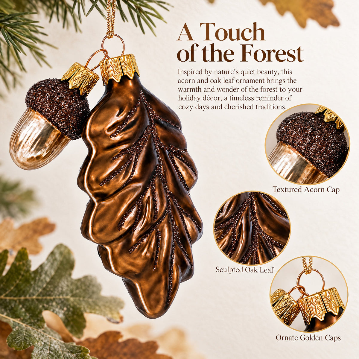 Oak Leaf and Acorn Glass Christmas Ornament