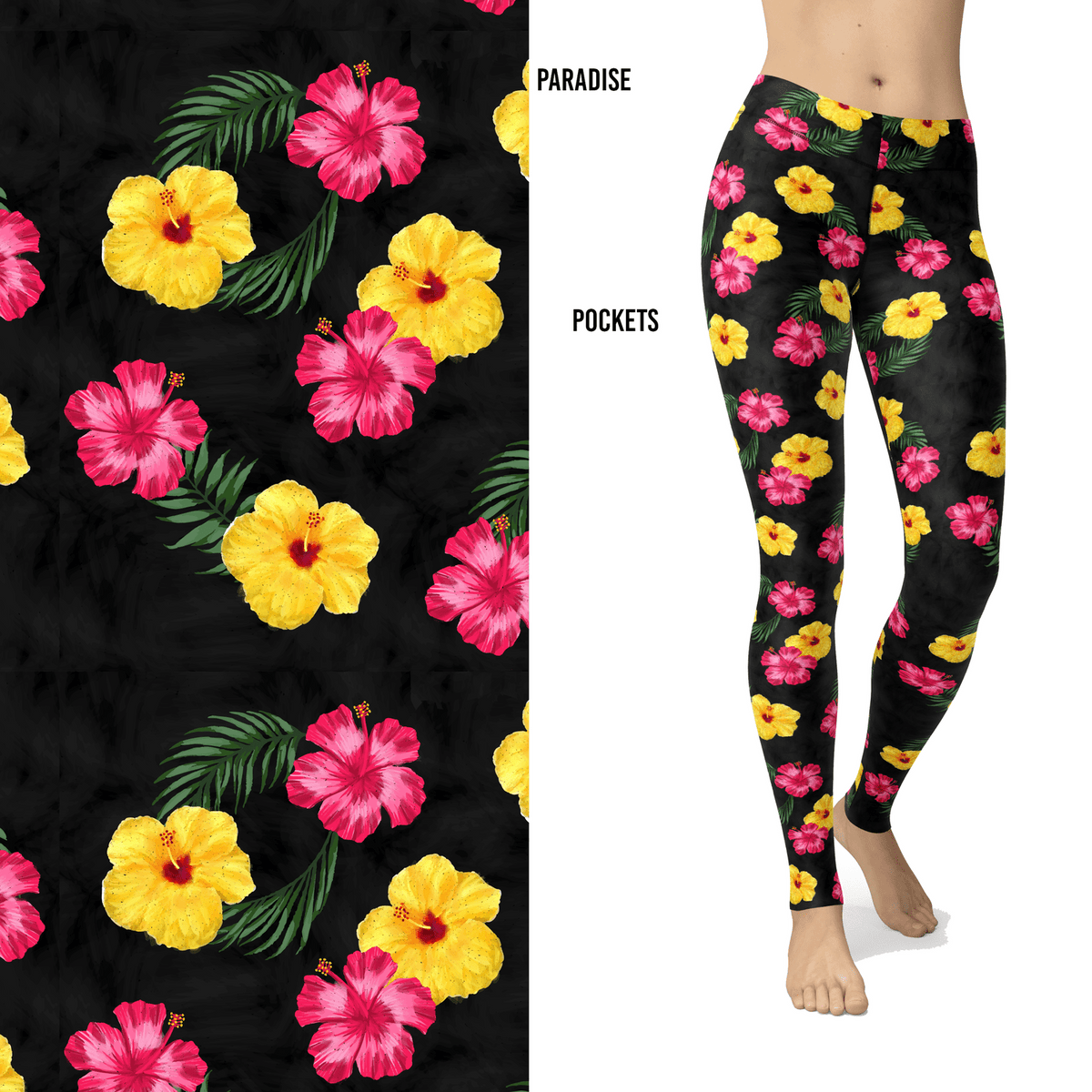 Paradise Hawaiian Hibiscus Pink Yellow Leggings with Pockets
