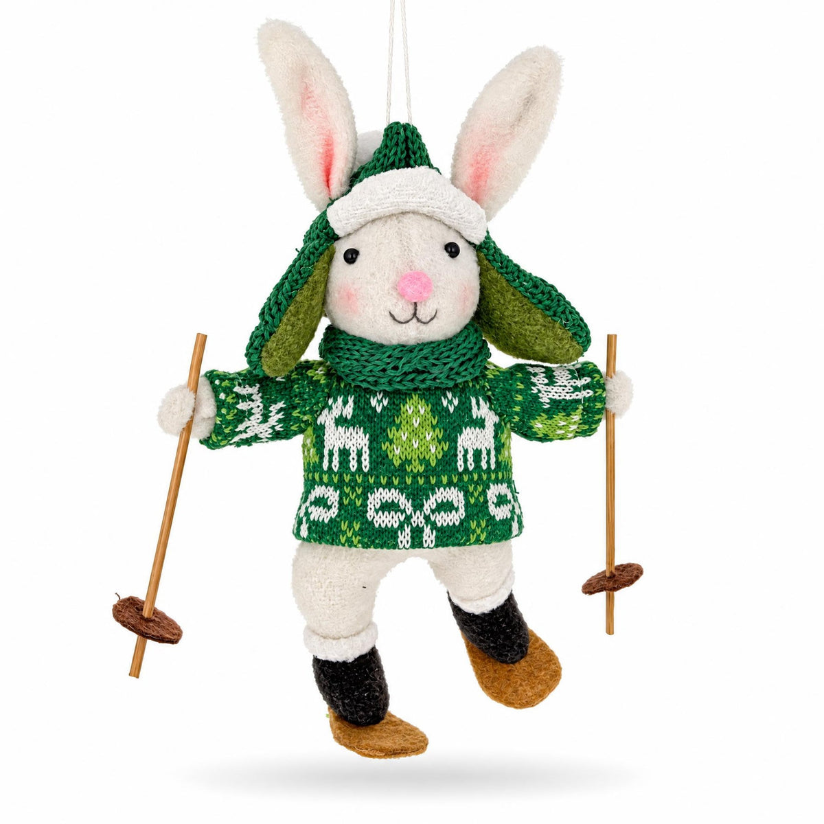 Skiing White Bunny Felt Fabric Christmas Ornament