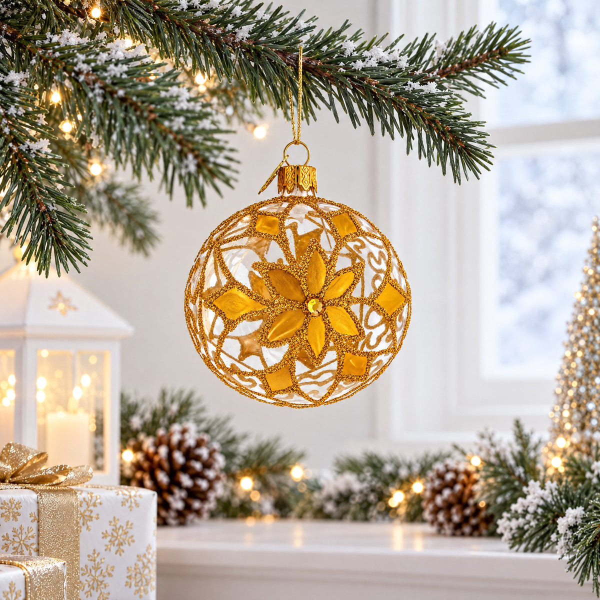 Jeweled White Filigree Flower Clear Glass Ball Christmas Ornament